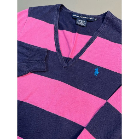 VTG‎ Ralph Lauren Sweater Women Medium Pink Blue V Neck Pullover Pima Cotton Y2K - Picture 1 of 7